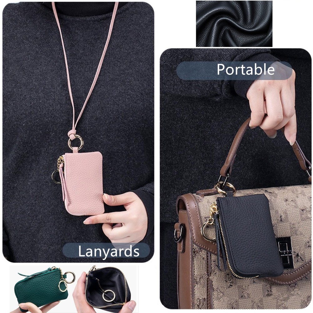 Unisex Genuine Leather Zip ID Wallet with Lanyard Keychain & Coin Pocket