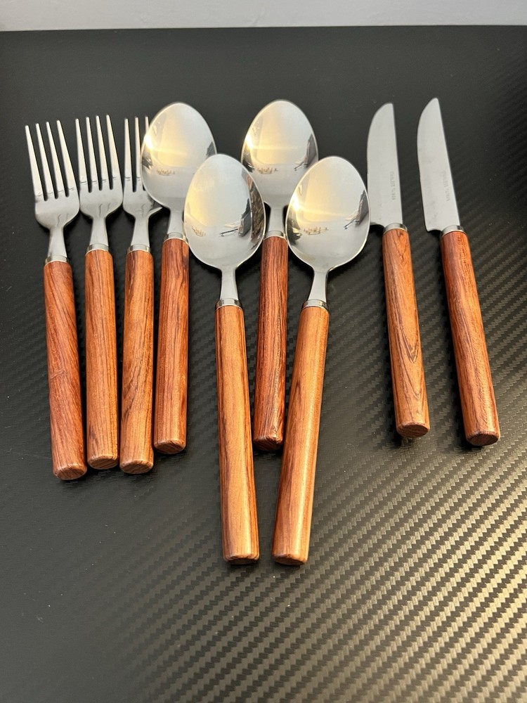 Vintage Wooden Handle 9-Piece Stainless Steel Flatware Set Taiwan Made  