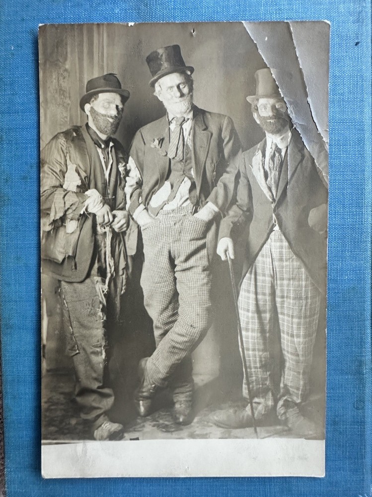 Antique 1910s/20s Halloween hobo clown costume men party RPPC photo card Asis