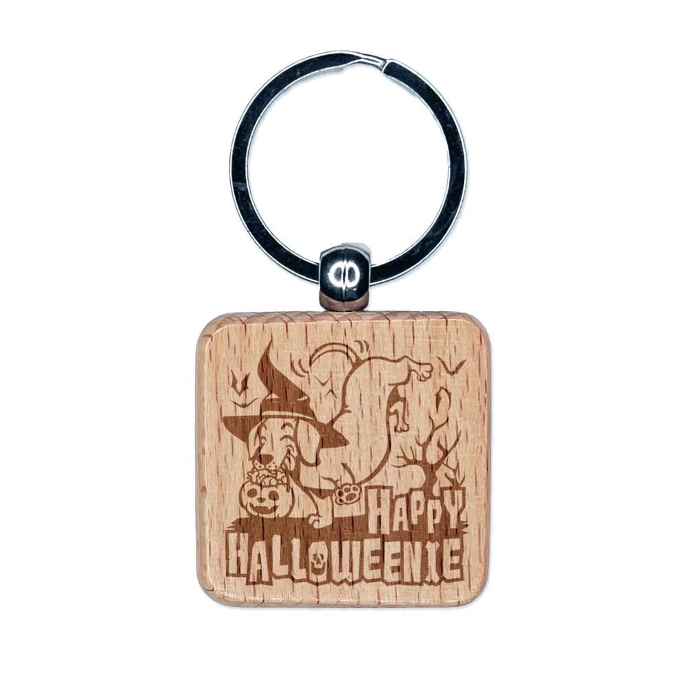 Happy Halloweenie Dachshund Weiner Dog Halloween Engraved Wood Square Keychain