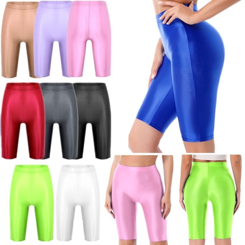 US Women's Shimmery Yoga Shorts Glossy Tummy Control Workout Jogger Biker Shorts