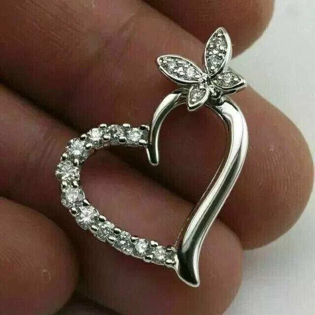 Round Cut Simulated Diamond Heart/Butterfly Pendant Chain 14k White Gold Plated