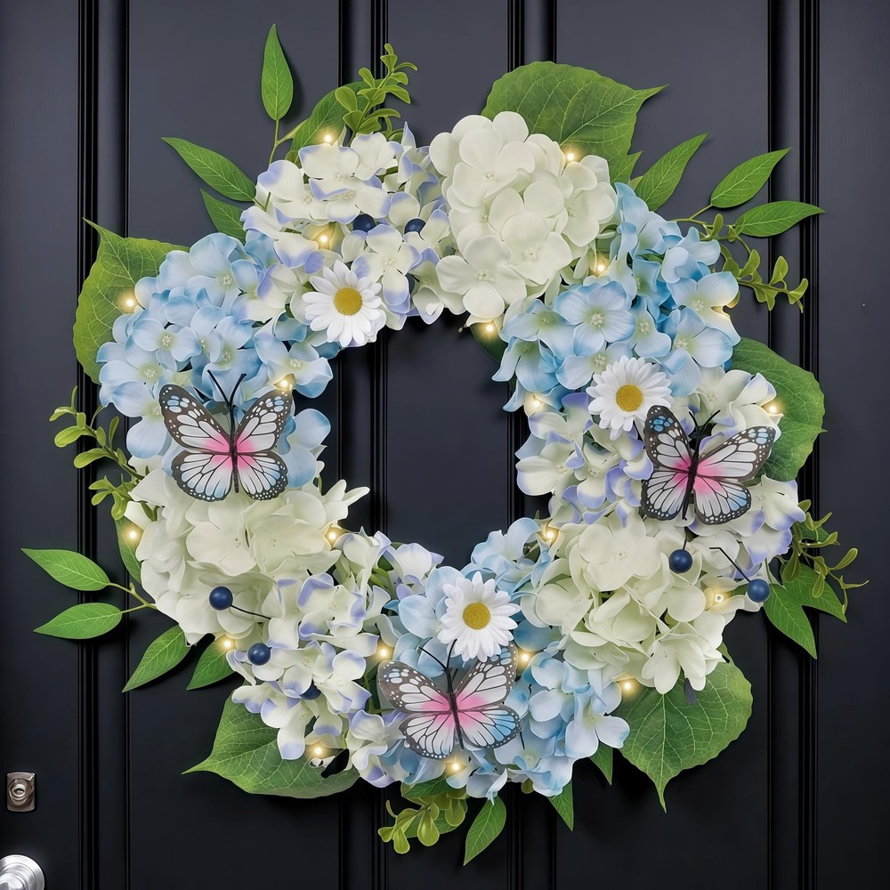 Blue & White Spring Hydrangea Wreath with LED Lights for Front Door Decor