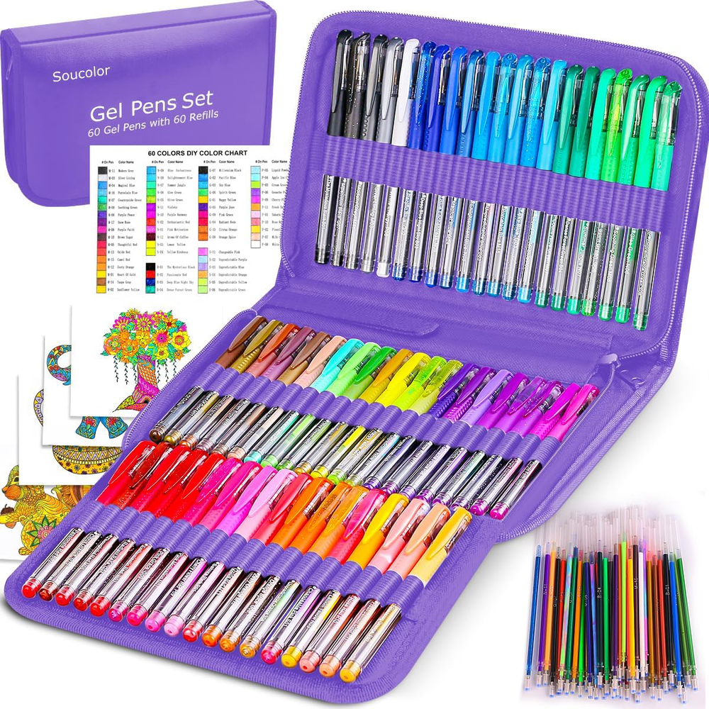 Colored Gel Pens Set 120 Pack for Adult Coloring Books - 60 Pens, 60 Refills