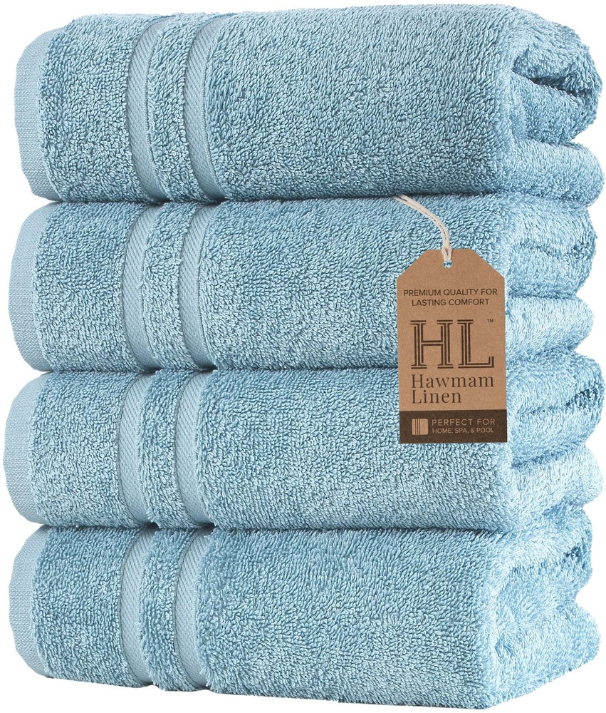 Soft Absorbent Light Blue Turkish Cotton Hand Towels 4-Pack for Bathroom