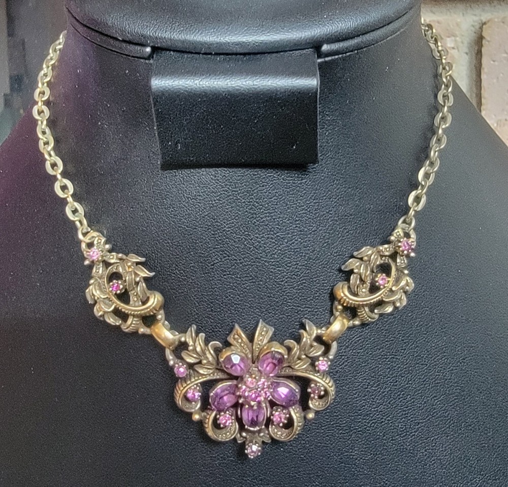 Antique Goldtone Amethyst Crystal Flower Choker Necklace Signed By Coro, 1950s
