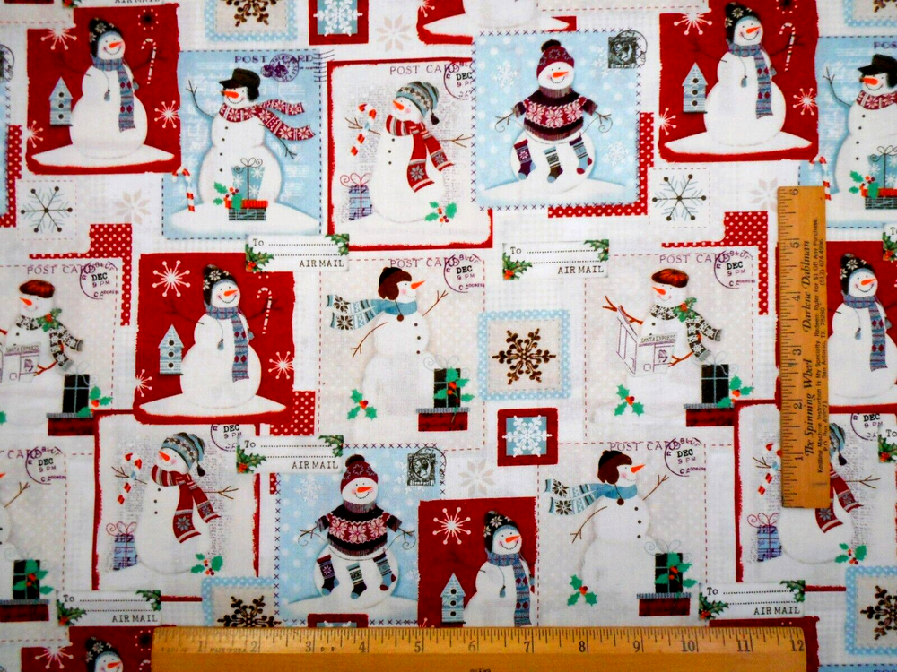 Festive Christmas Cotton Fabric with Snowmen Postcard Print in Ivory Red Blue