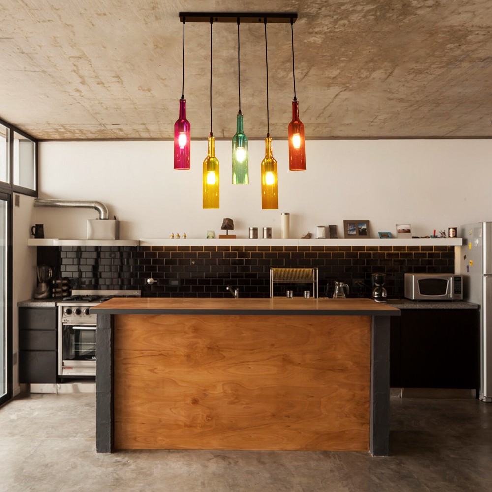 Retro 5 Wine Bottle Pendant Lamp Restaurant Bar Ceiling Hanging Light Fixture