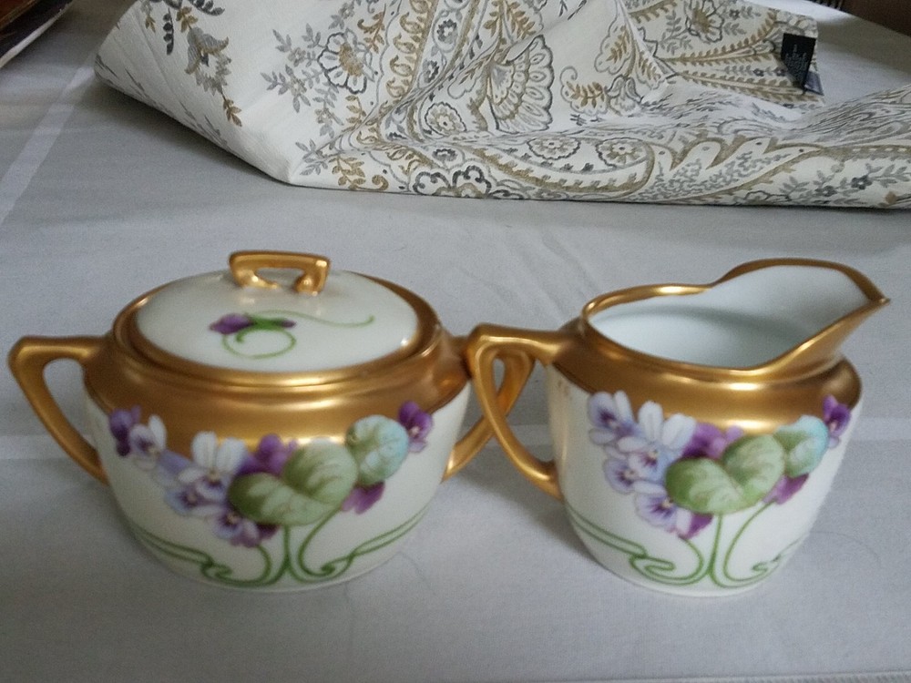 WA Pickard J&C France Isolde Handpainted Violets, Antique Creamer & Sugar Limoge