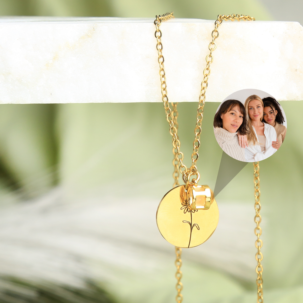 Personalized Birth Month Flower Photo Projection Necklace • Engraved Mom Jewelry