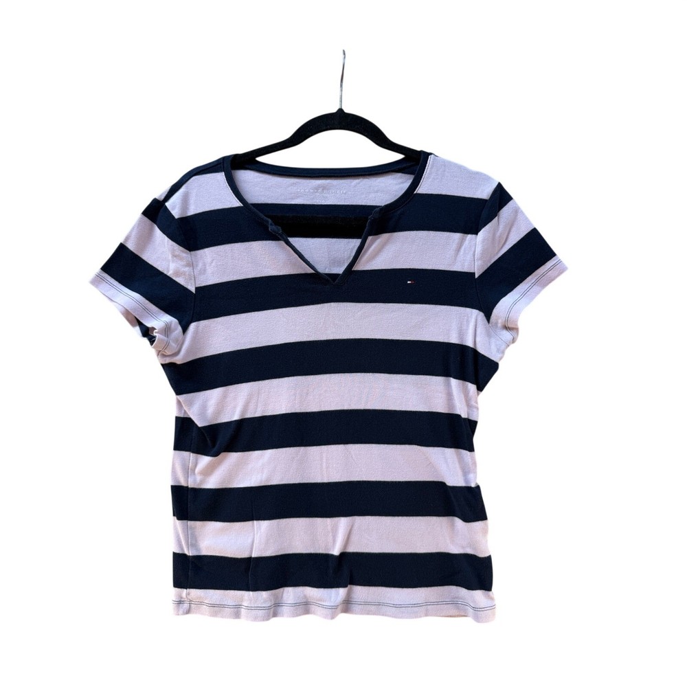 Tommy Hilfiger Womens Large Striped Short Sleeve Split Neck Cotton T-Shirt Navy
