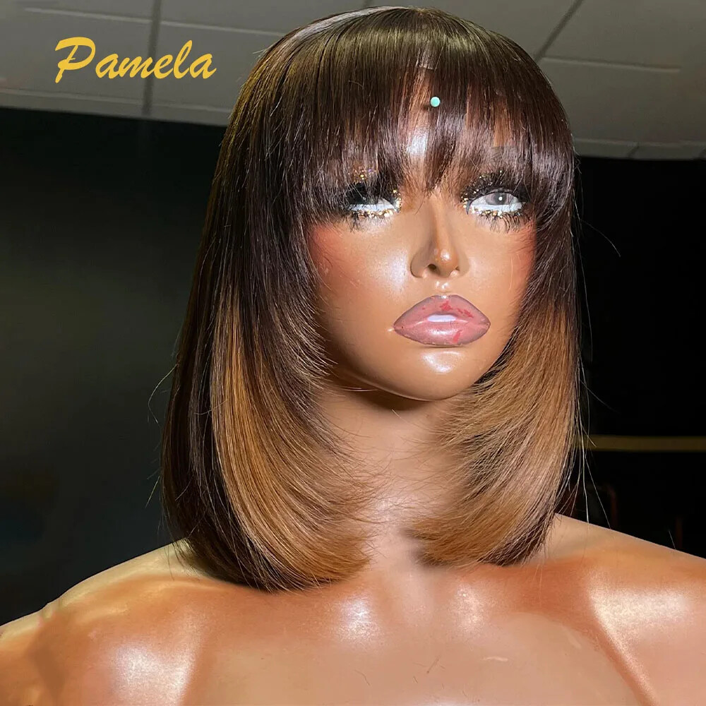 PixieCut Short Bob Glueless Human Hair Wig Ombre 1B27 Transparent Lace Front