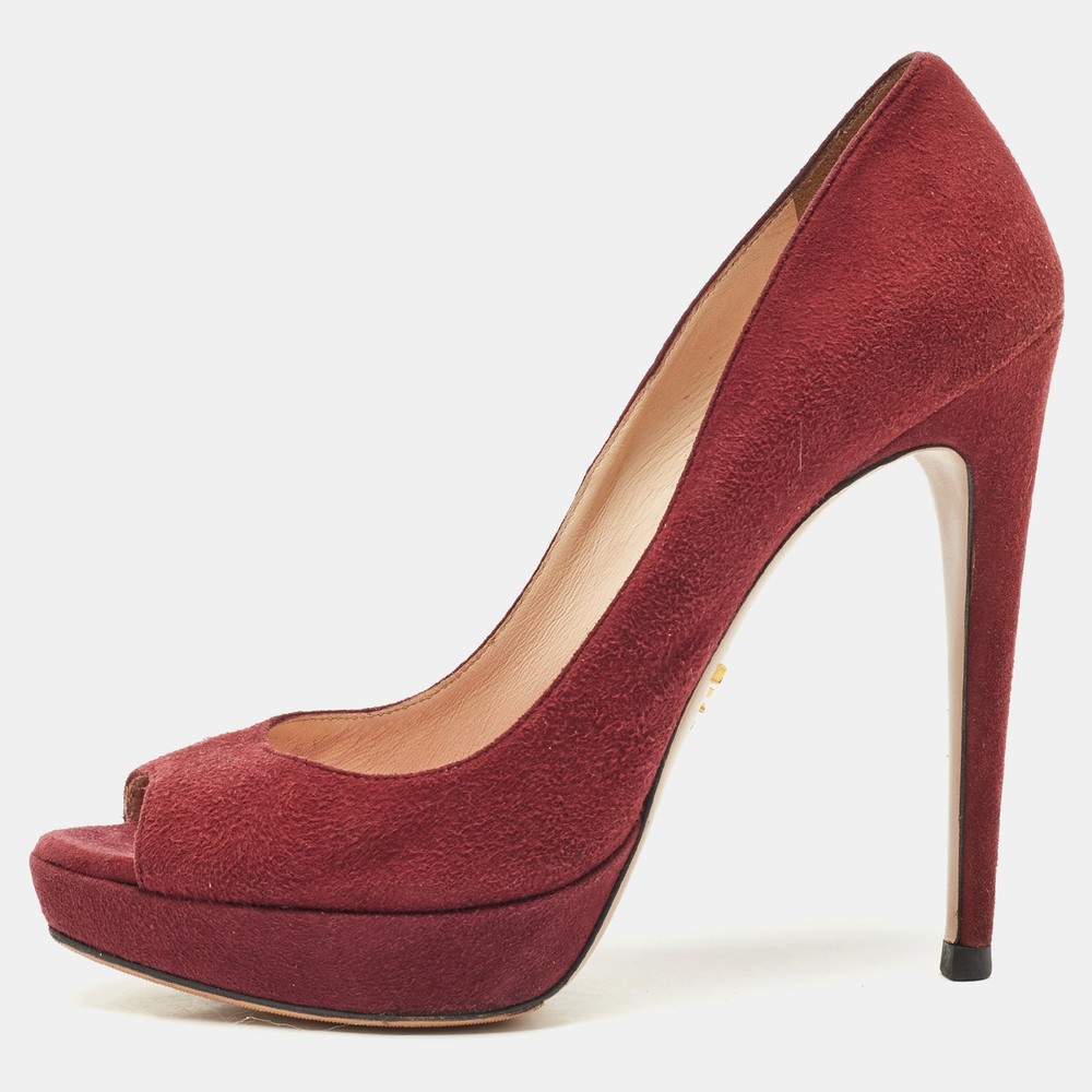 Prada Burgundy Suede Peep Toe Pumps Size 38
