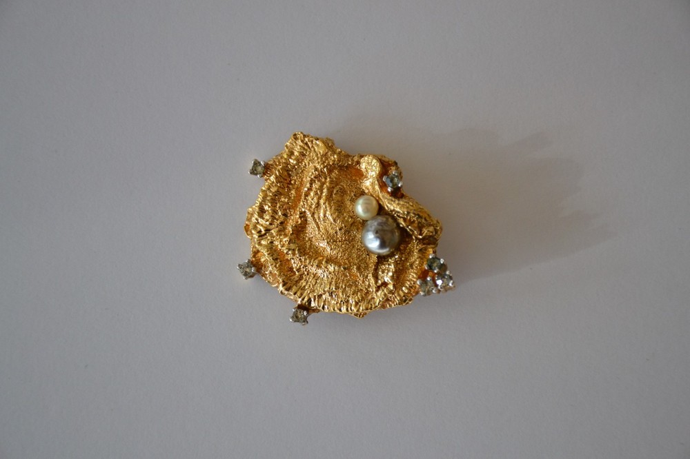 Panetta Vintage Gold Nugget Brutalist Brooch Pendant Pearl Rhinestone Rare