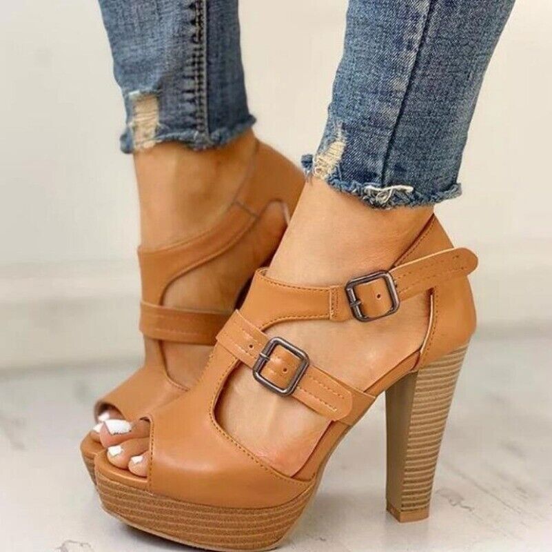 2023 Summer Women Fashion High Heel Sandals with Platform & Buckle Design