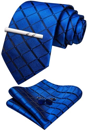 Royal Blue Extra Long Plaid Silk Tie with Tie Clip Set for Men