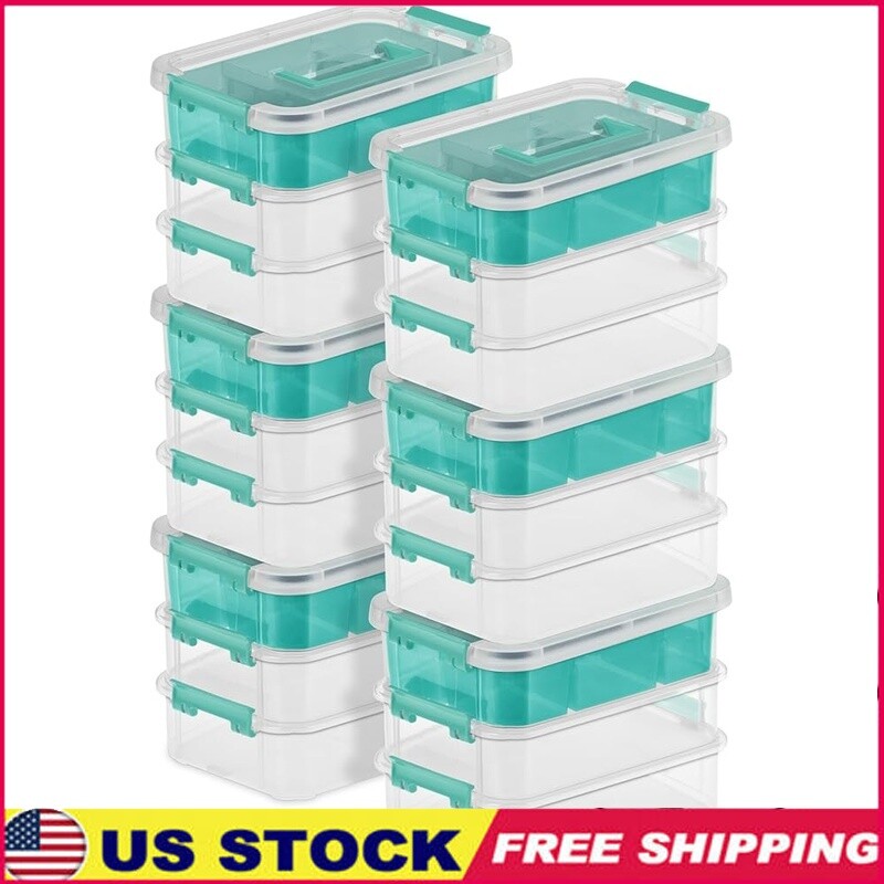 6 Pack Clear Stackable Plastic Storage Boxes with Latch & Inner Divider