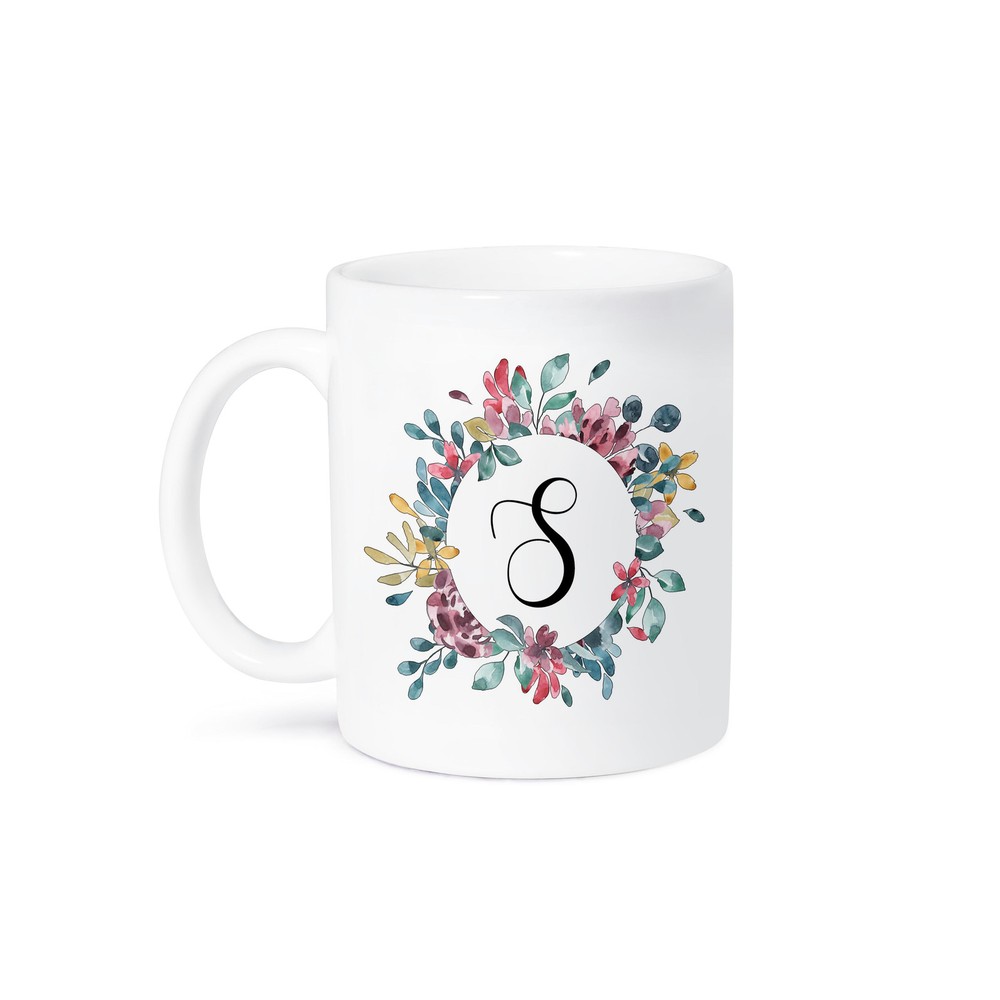 3dRose, Pretty Watercolor Floral Circle Frame With A Monogram Initial S, Mug