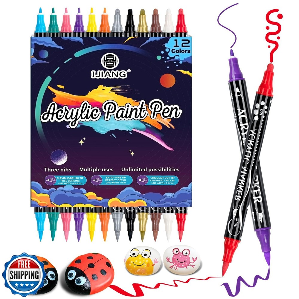 12 Dual Tip Acrylic Paint Markers in 12 Vibrant Permanent Colors