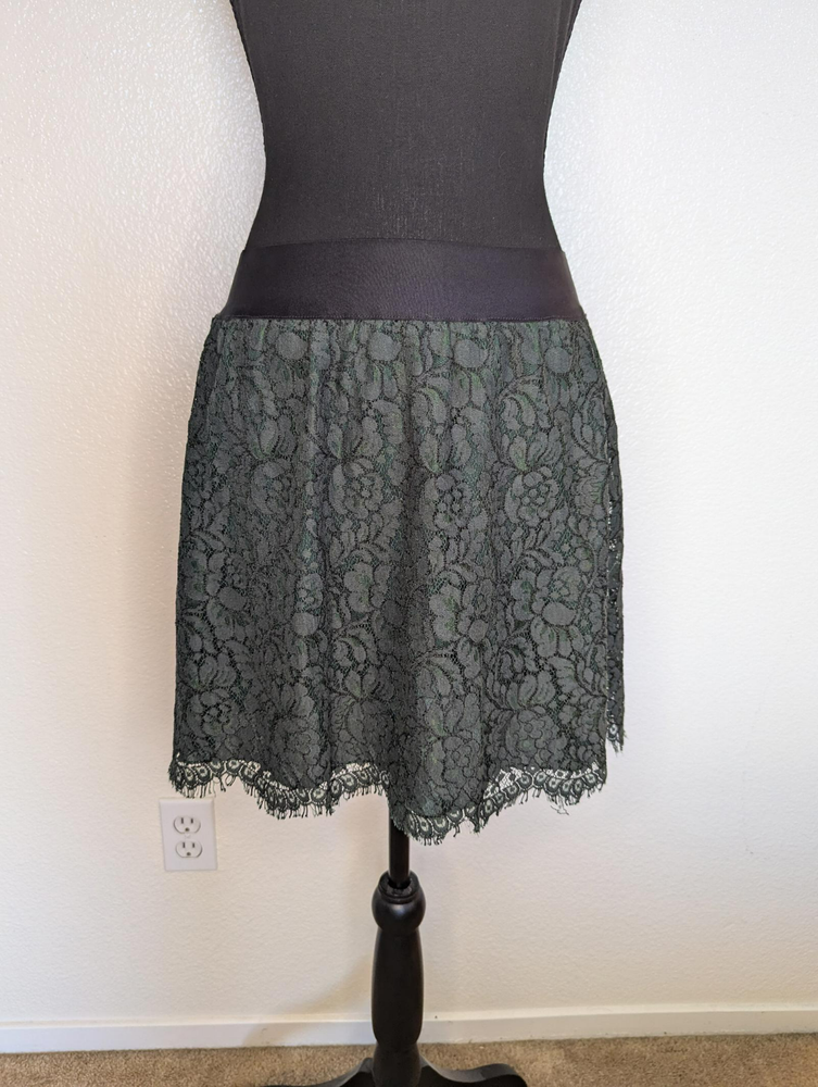 J. Crew Green Lace Mini Skirt with Black Satin Waistband