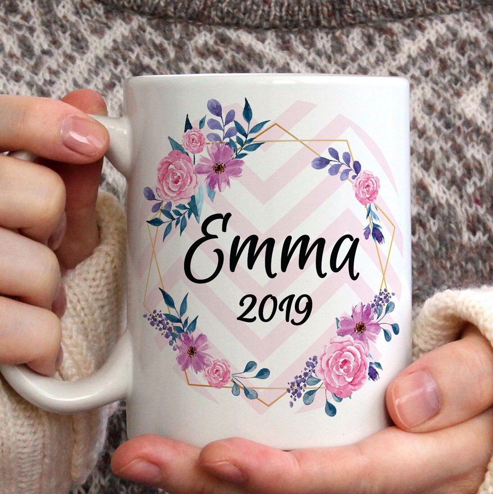 Chevron Mug Flowers Watercolor Custom Name Personalized Mug Flower Wreath
