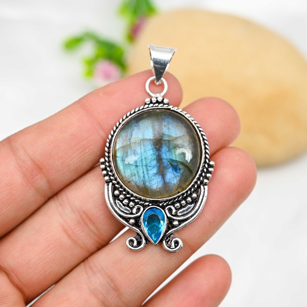 Labradorite, Blue Topaz Gemstone Pendant 925 Sterling Silver Handmade Jewelry