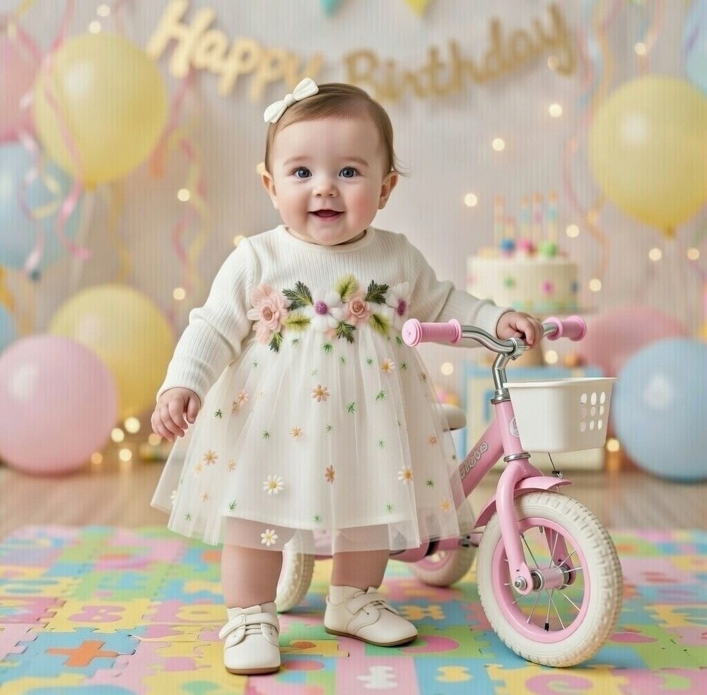 Premium Baby Girl Floral Embroidery Mesh Princess Dress–Long Sleeve| 9-12 Months