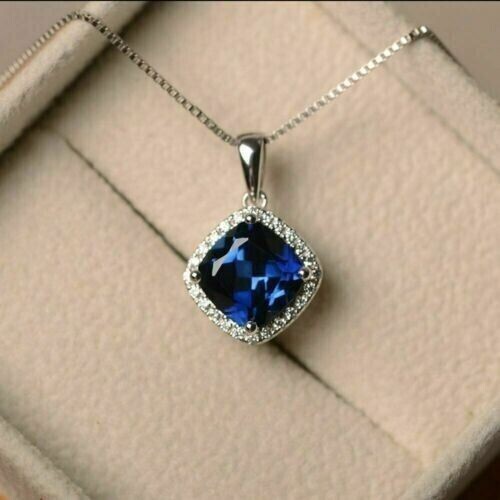 2Ct Cushion Cut Simulated Blue Sapphire Women's Pendant In 14K White Gold Plated