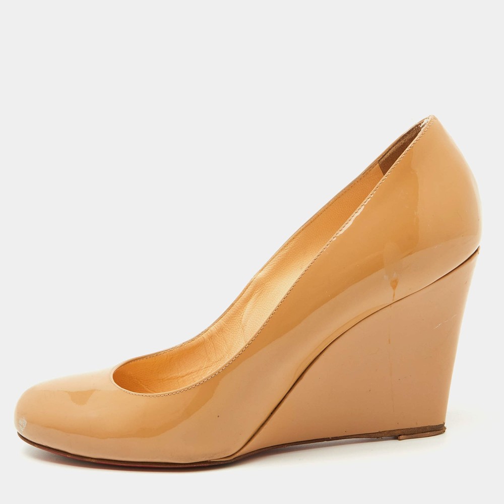 Christian Louboutin Beige Patent Leather RonRon Zeppa Wedge Pumps Size 385