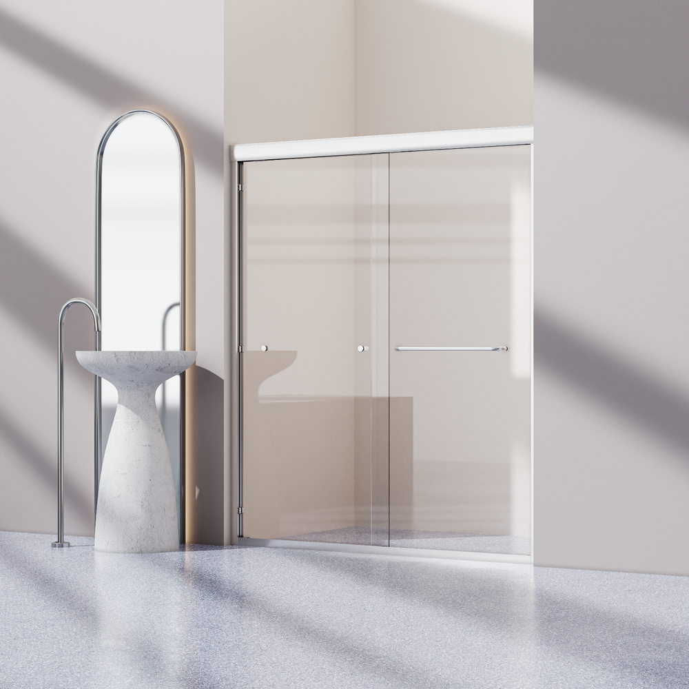 Forlan 60x70 Inch Sliding Glass Shower Door with Chrome Aluminum Frame and Towel Bar