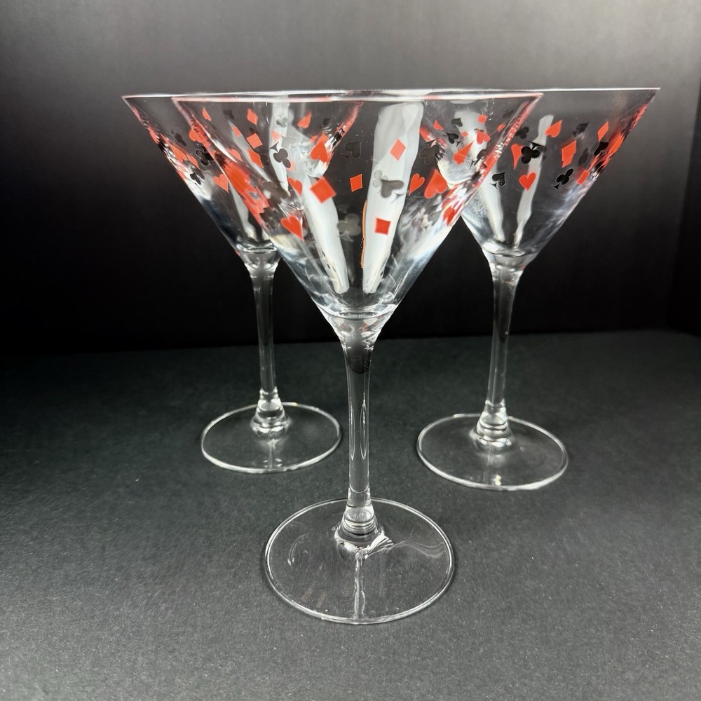 Vintage 80s Card Suit Martini Glasses Set - Clubs Spades Diamonds by Luminarc France