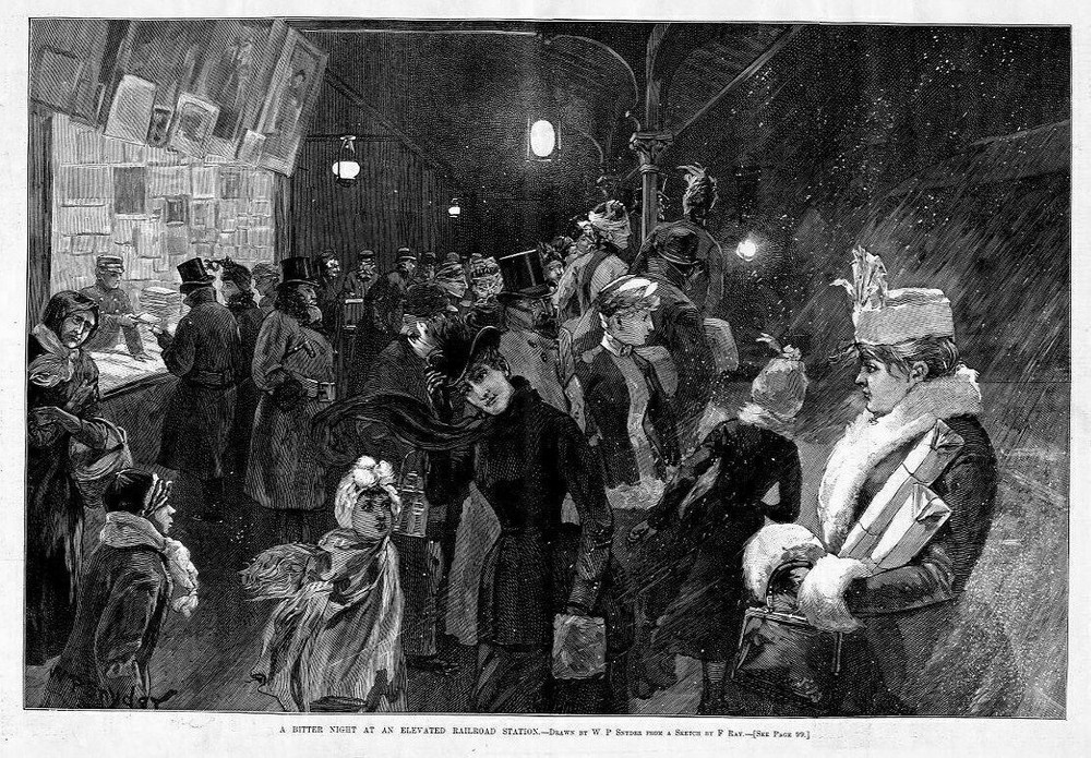 ELEVATED RAILROAD STATION WOMEN CHILDREN GENTLEMAN WAITING FOR TRAIN TICKET COLD