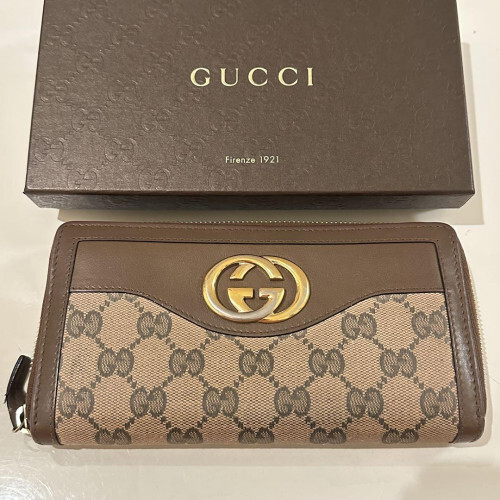 GUCCI GG Canvas Leather Long Zip Around Wallet in Brown 3000