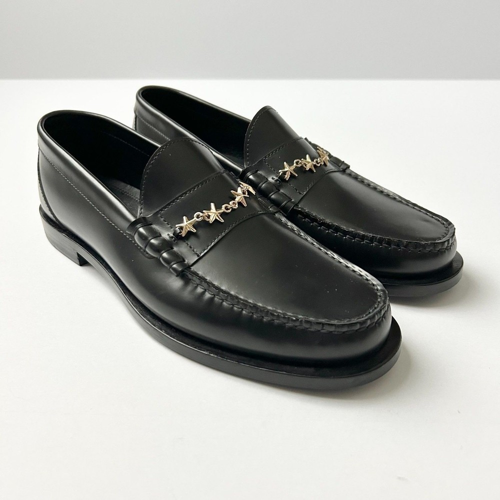 Jimmy Choo Mocca Black Leather Star Chain Loafers Gold Stars Size 39 IT 9 US
