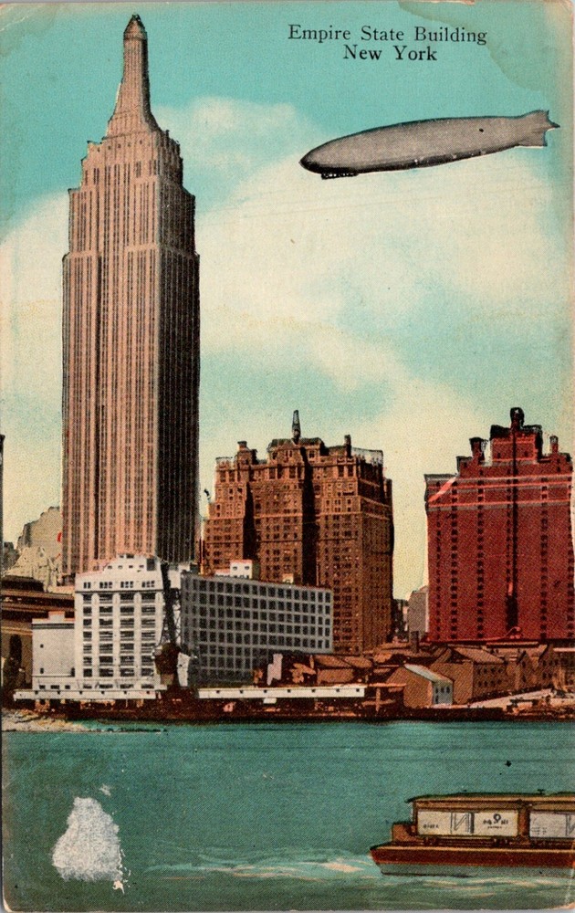 1936 Vintage Empire State Building & Zeppelin Blimp NYC Postcard 25190