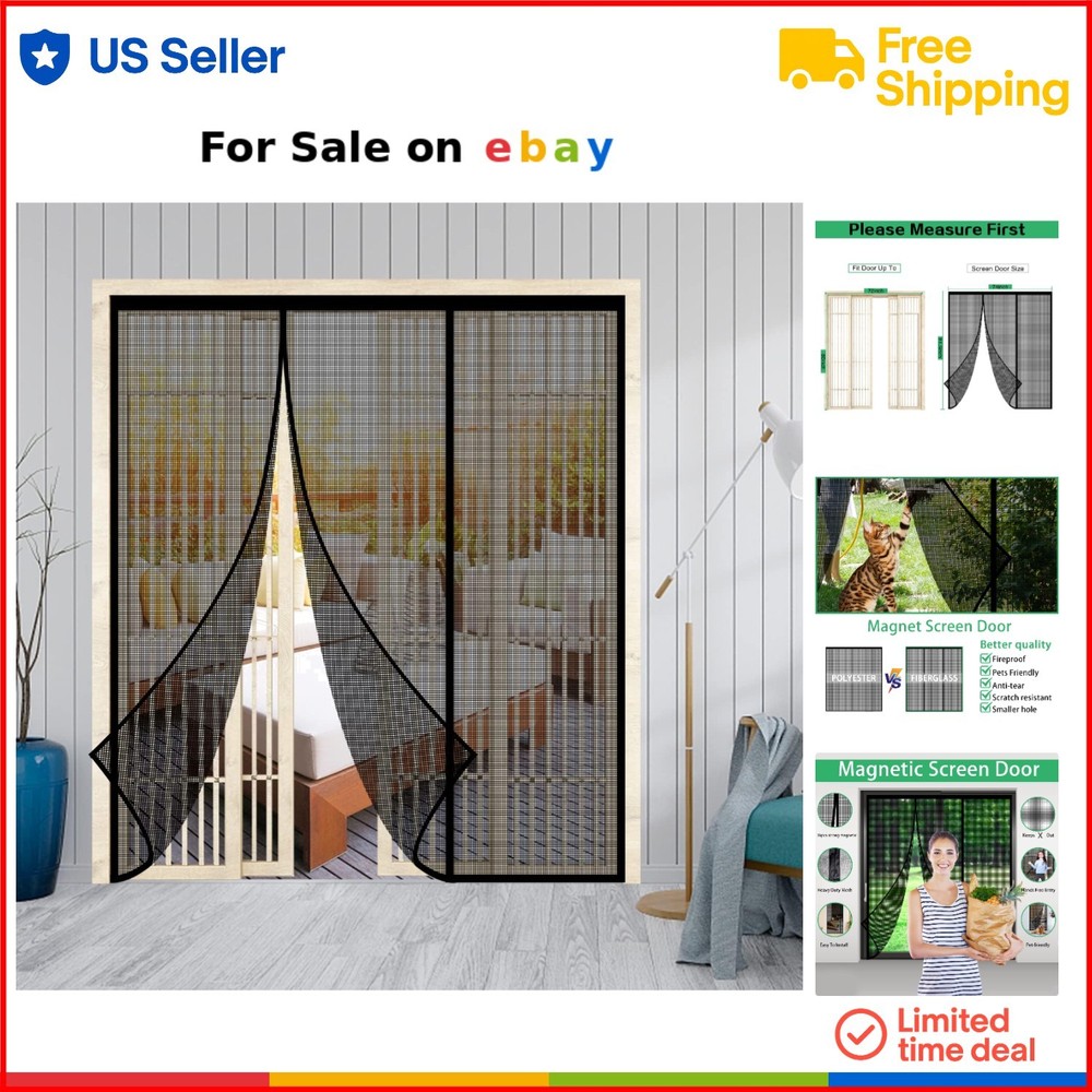 Heavy Duty Magnetic Fiberglass Screen Door Fits 72x80 Inch Openings