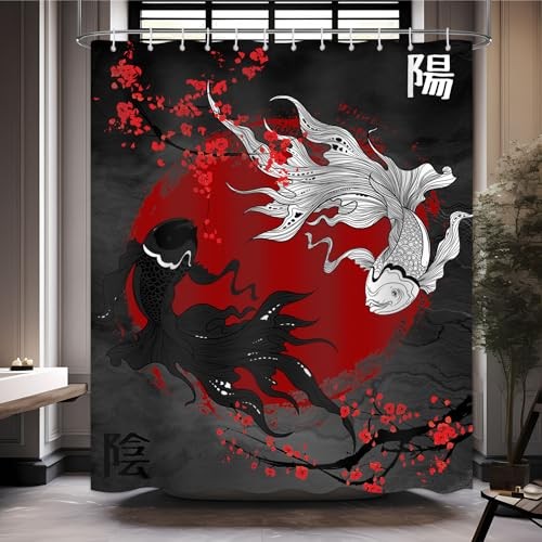 Japanese Shower Curtain Koi Fish Black and Red 72