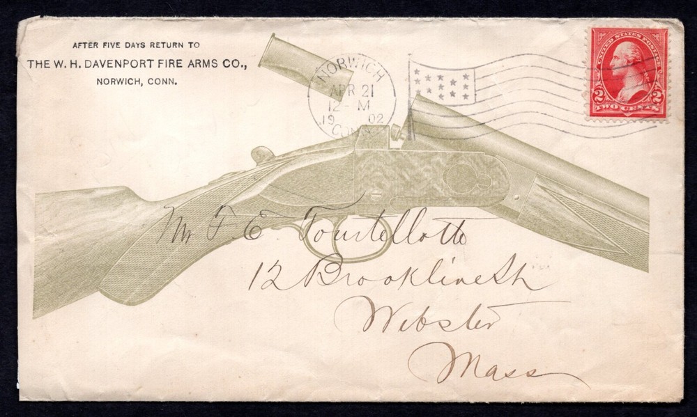 US 1902 ADVERTISING FIREARMS DAVENPORT ARMS CO. NORWICH, CONN. TO WEBSTER, MASS