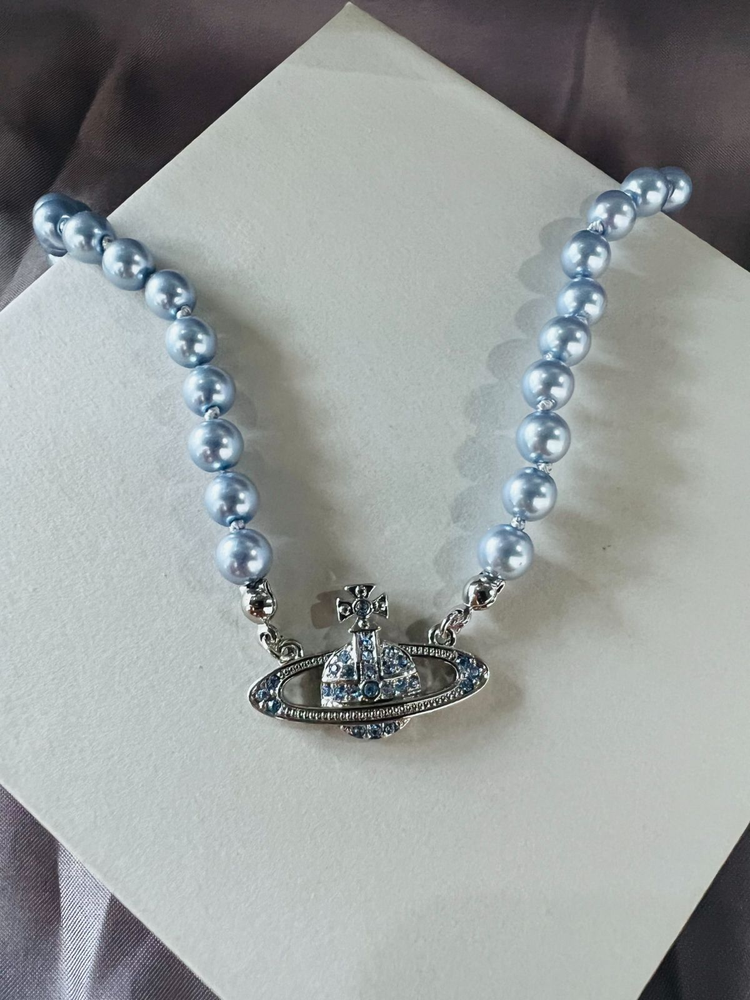 Vivienne Westwood Silver Pearl Choker Necklace Light Blue No Box Japan New