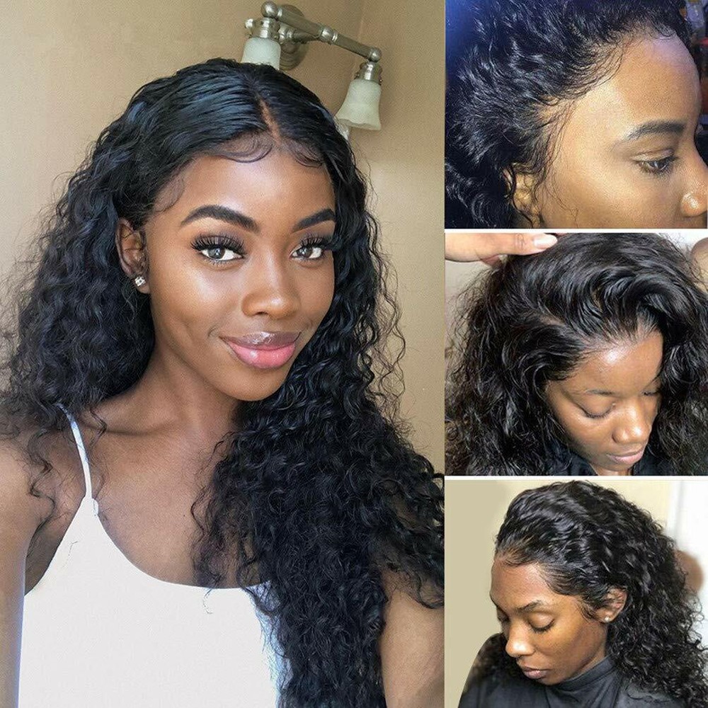 Long Deep Curly Wig Human Hair 4x4 Lace Front Wigs Glueless Black Pre Plucked