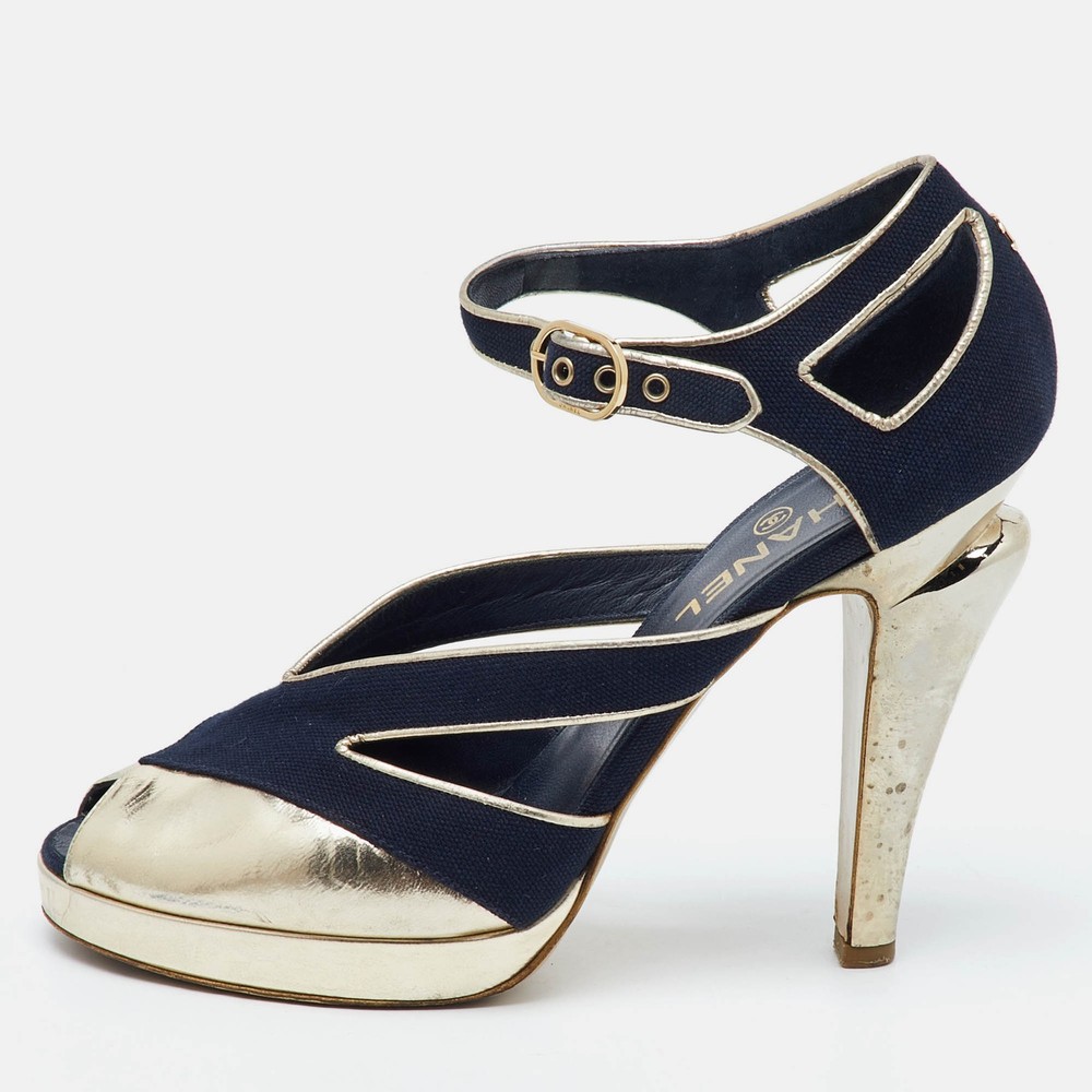 Chanel Navy Gold Canvas Leather CC Ankle Strap Sandals Size 40