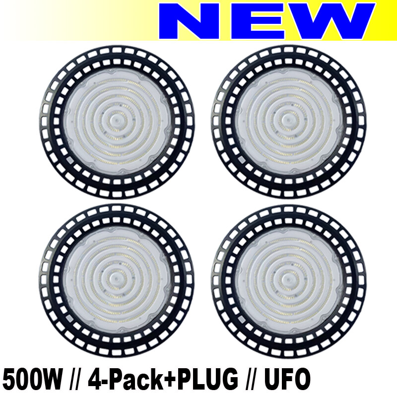 500W High Bay LED UFO Light Fixtures with Plug for Warehouses, Factories, and Commercial Use, 4-Pack