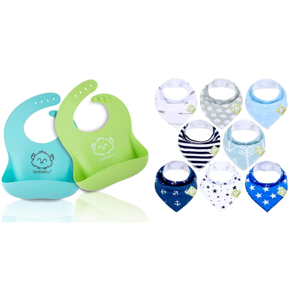 Baby Silicone Bibs & Baby Bandana Bibs Bundle - Cute Bib Set for Boy, Girl, Todd