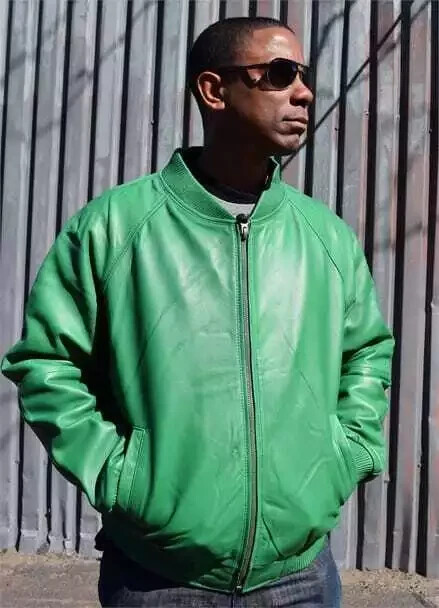 Men's Green Genuine Leather Oversized Bomber Jacket with Elastic Waist
