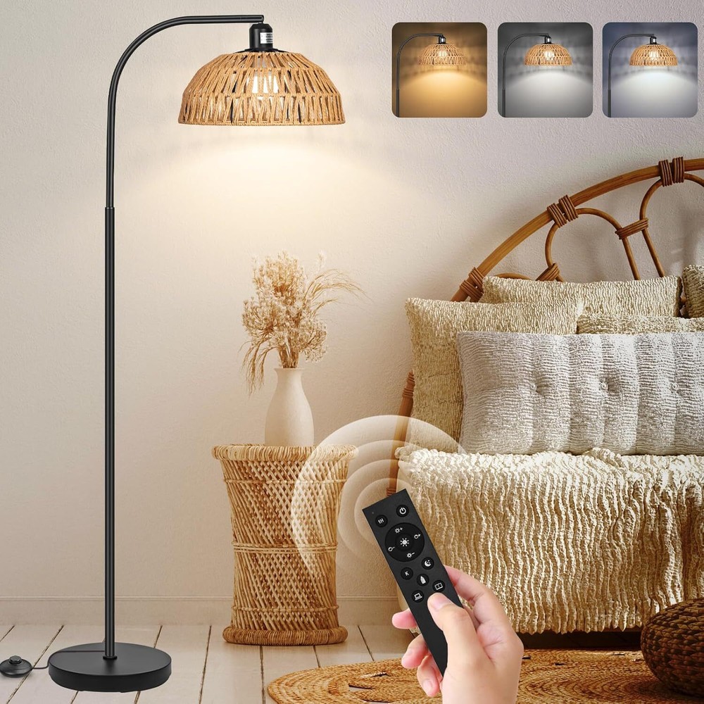 Rattan Standing Lamp with Remote Control and Dimmable Bulb，Adjustable Rattan