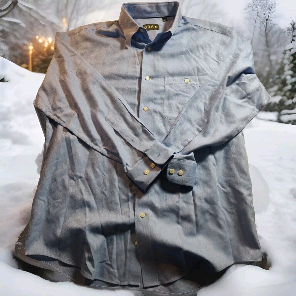 ORVIS Men's Large Blue Twill Long Sleeve Button-Down Shirt