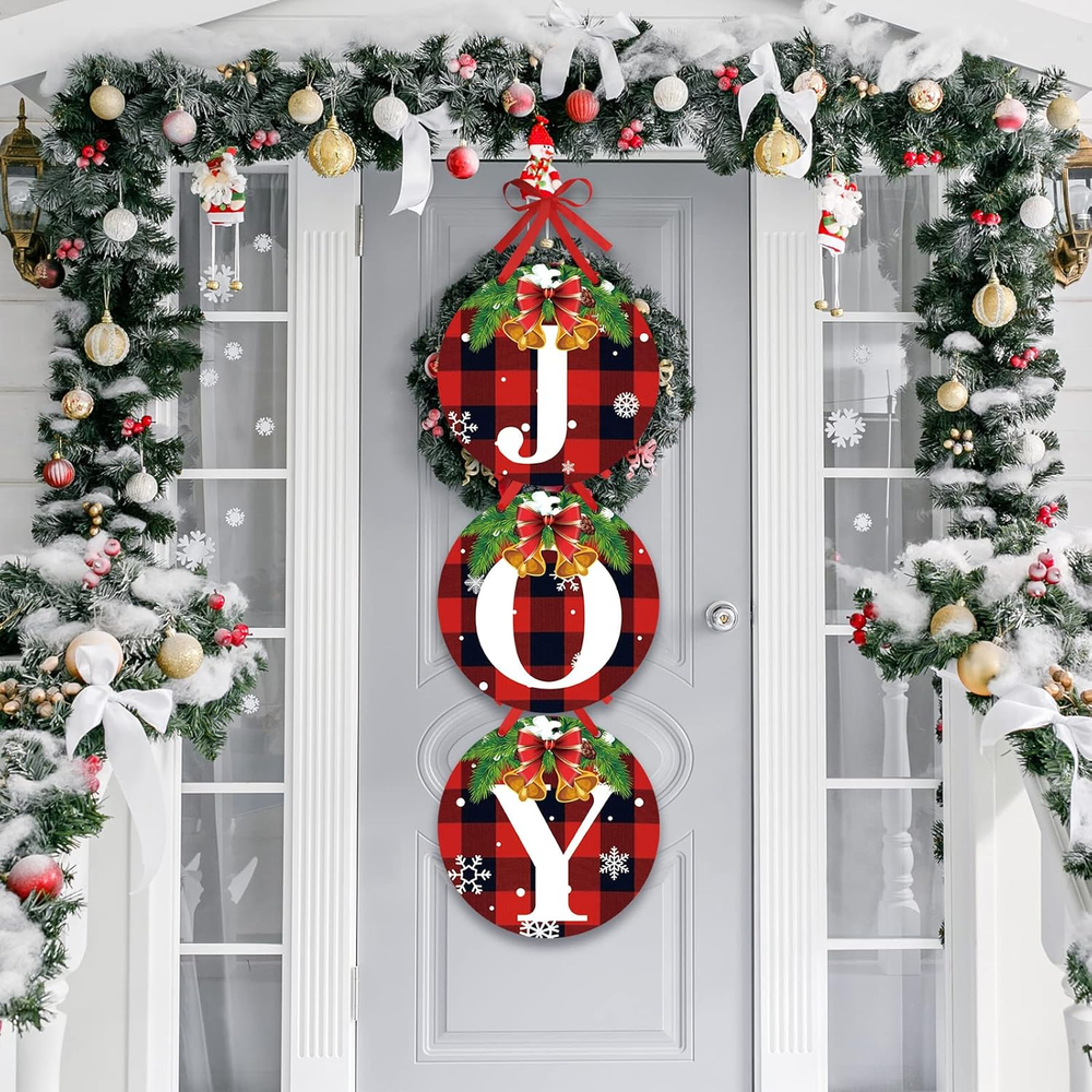 Buffalo Plaid Christmas Wreath Set of 3 Joy Signs for Front Door