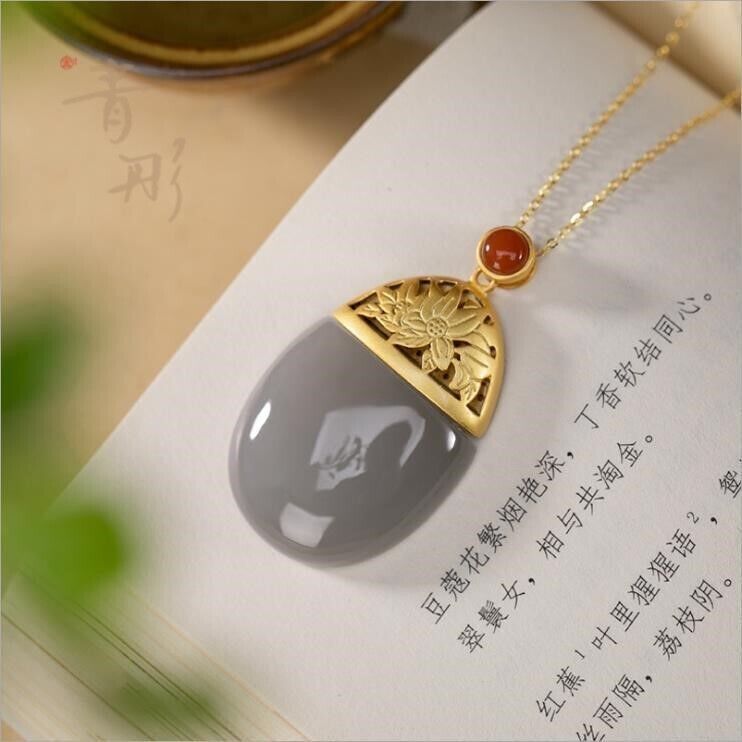 Grey Jade Lotus Pendant Jewelry Amulets 925 Silver Stone Natural Necklace