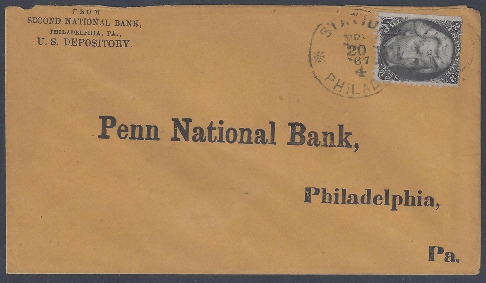 US 1867 2 CENTS  Sc 73 TIED PHILADELPHIA STATION BANK COVER
