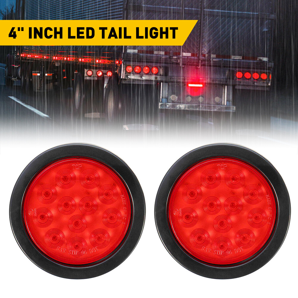 2pc Red 4 Round inch 24 LED Trailer Lights Tail Stop Truck Brake Lamp Waterproof